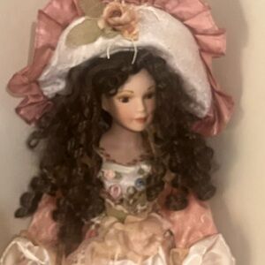 Vintage Porcelain Doll Show Stoppers Victorian Style Dress, Hat, Stand 18”